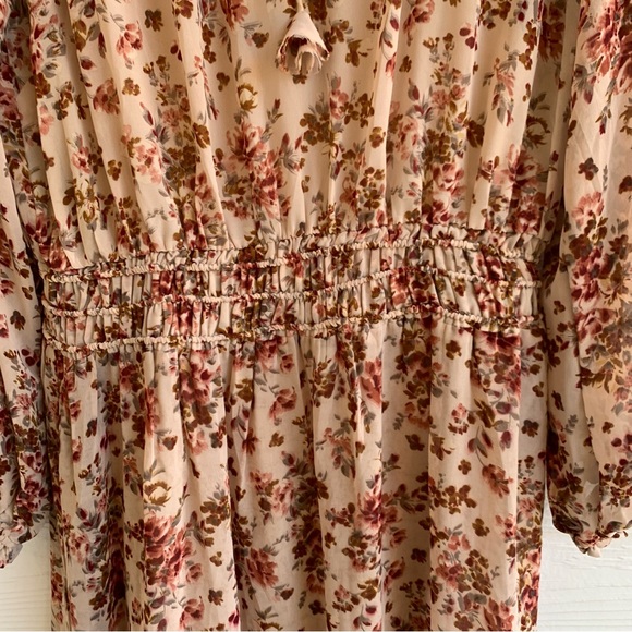 Kori Plus XL Floral smocked waist v neck flutter hem long sleeve mini dress - Picture 6 of 16